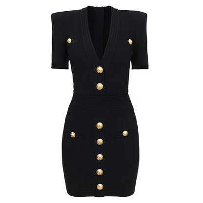 Office V Neck Knitted Sweater Midi Dress Rivet Button Short Sleeve Dress Women