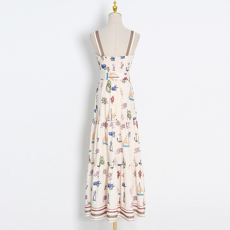 Printed Vacation Dress Autumn Suspenders Sexy Waist Hollow Out Cutout out Maxi Dress