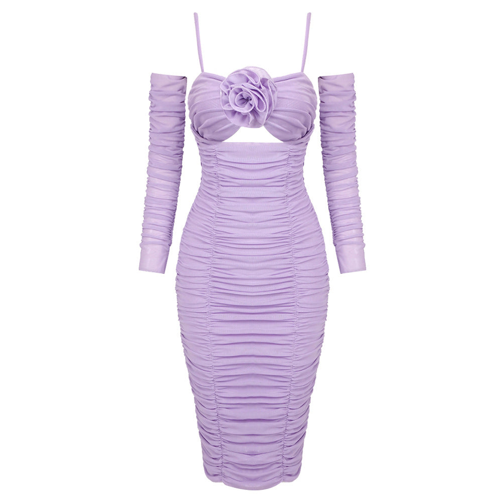 Robe d'été violette à manches longues, Slim, col unique, manches pour femmes, robe en Tulle à fleurs