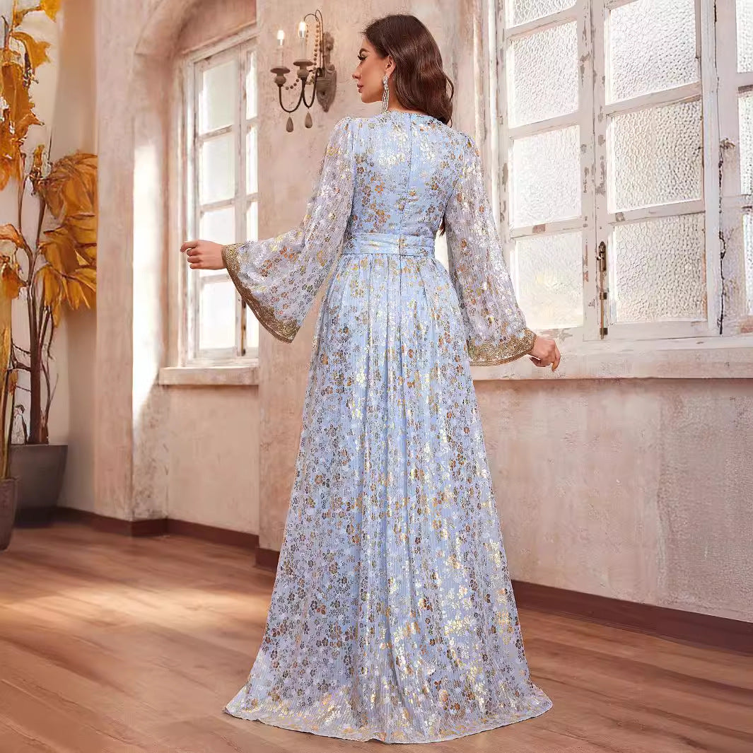 Robe longue de luxe de Dubaï pour femmes, robe du Moyen-Orient, robe ethnique imprimée à col en V et manches longues