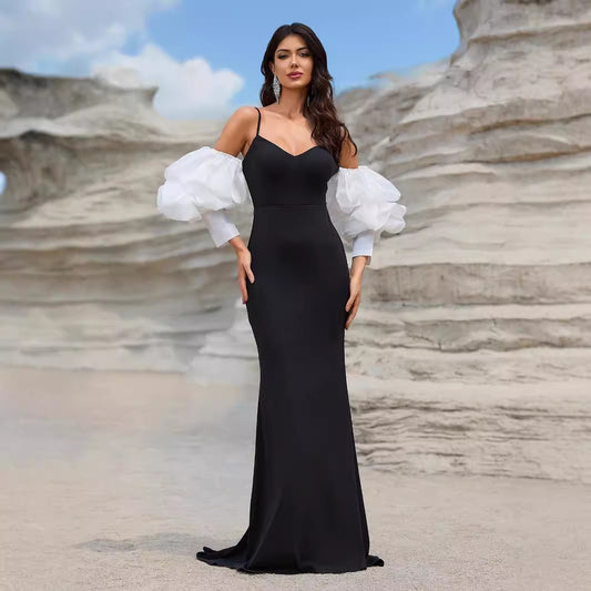 Ladies Ball Gown Sling Stitching Glossy Lantern Sleeve Sexy Elegant Fishtail Evening Gown