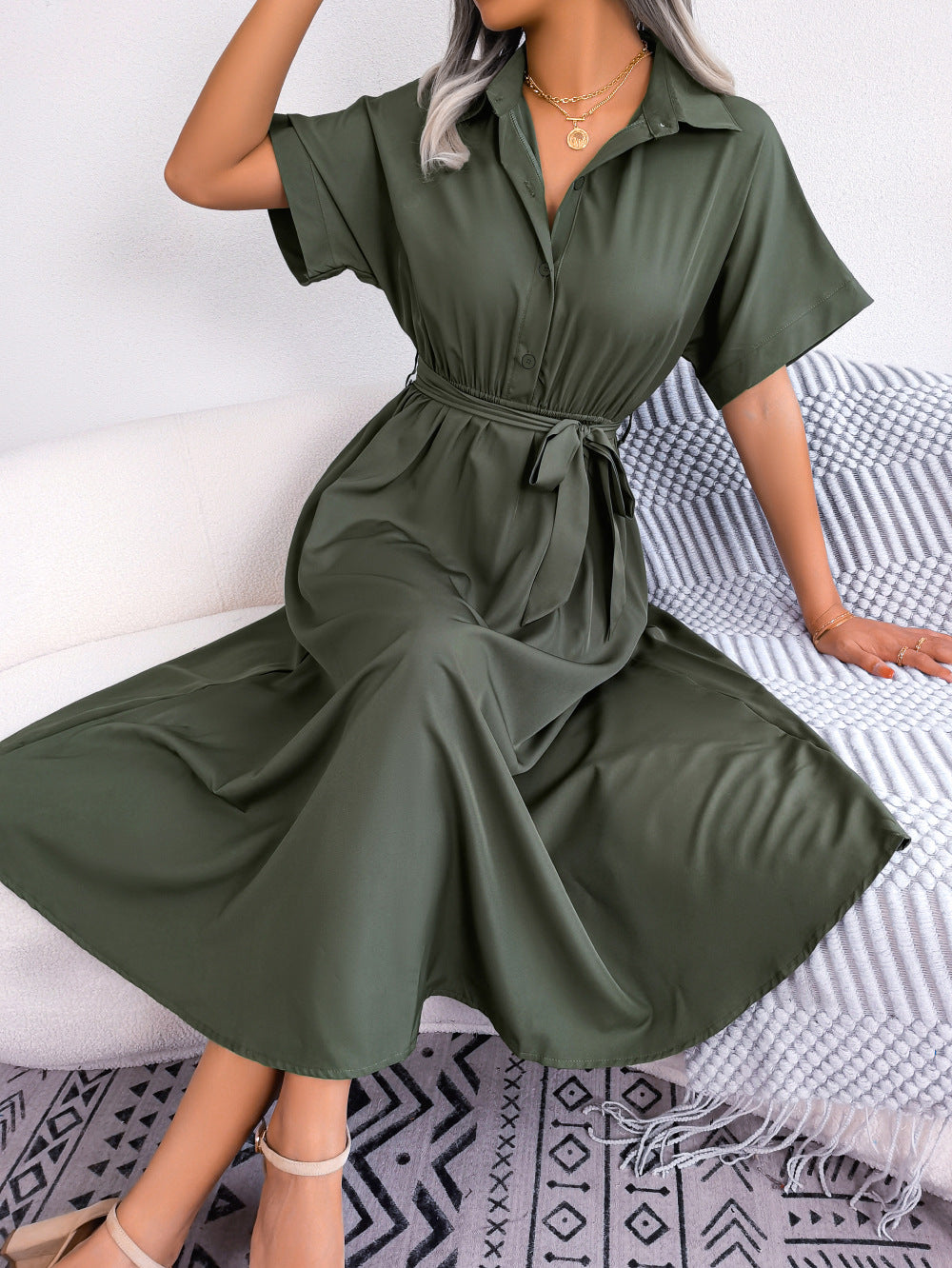 Summer Casual Loose Solid Color Tied Shirt Dress Maxi Dress Women Clothing