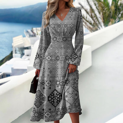 Autumn Women Clothing Printed Long Sleeve High Waist V neck Dress Women