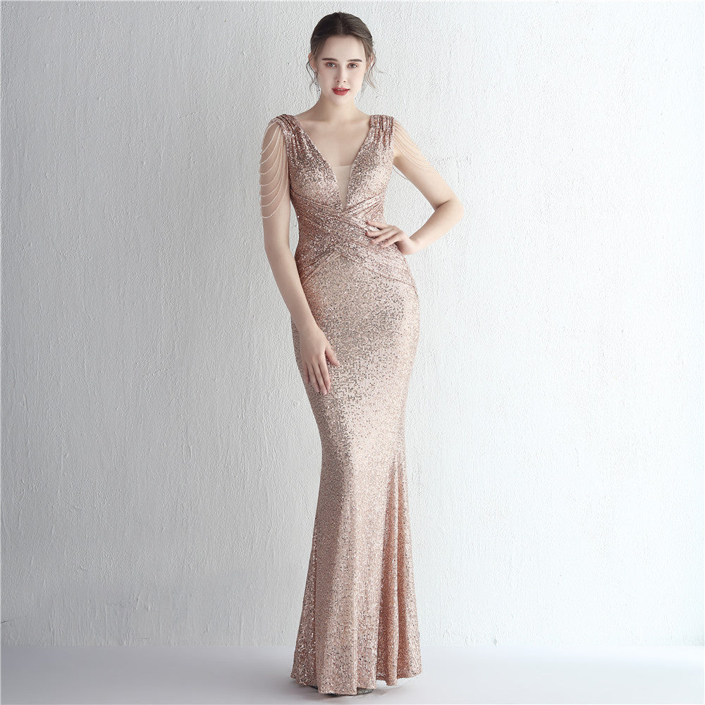 Robe de cocktail élégante à paillettes pour femme, silhouette flatteuse, longue, à paillettes, pour dîner, en queue de poisson