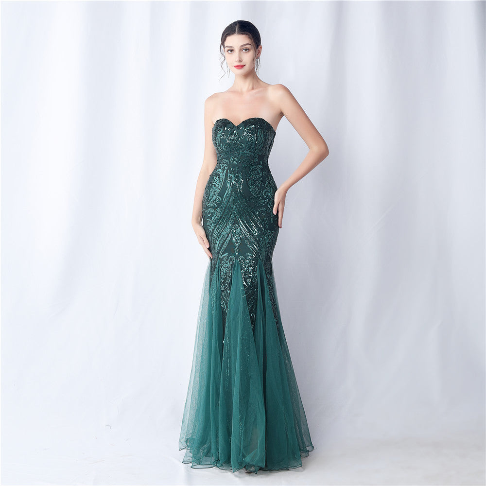 Floral Cutting Mesh Sequin Wedding Dinner Toast Annual Party Evening Dress