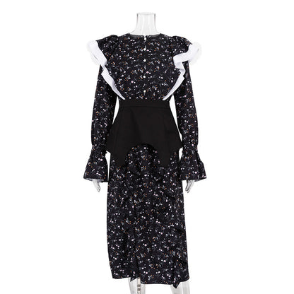 Women Clothing French Design Long Sleeve Dress Detachable Waist Seal Casual Floral Dress