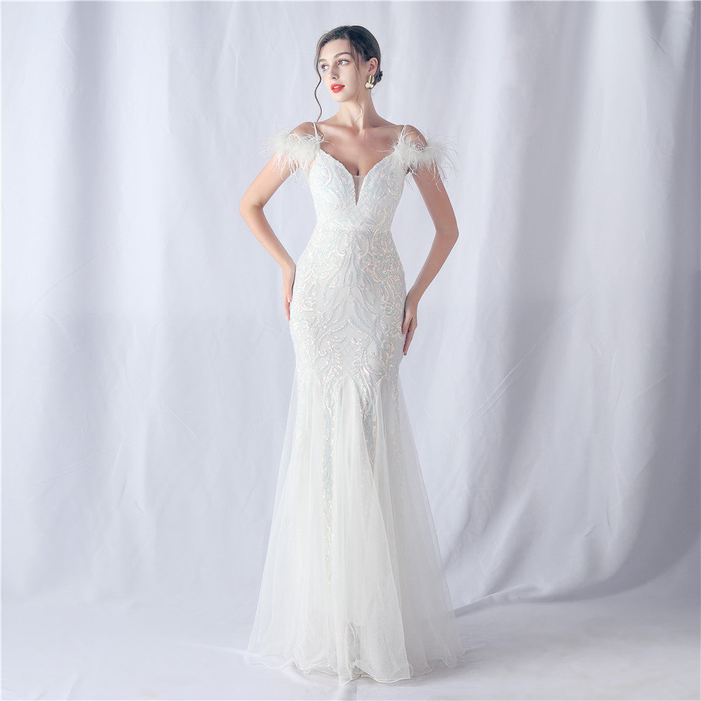 Ostrich Feather Craft Mesh Positioning Floral Sequin Annual Meeting Wedding Evening Dress