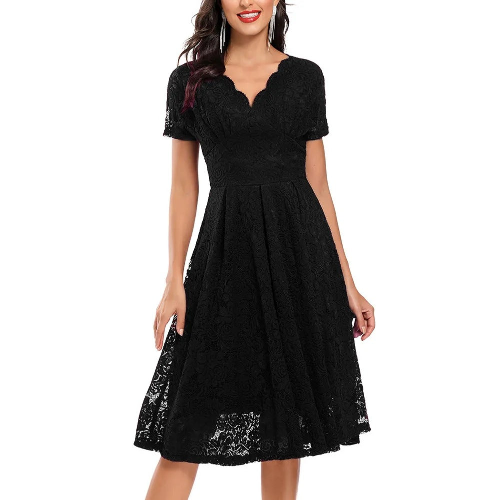 Spring Summer Women Clothing Solid Color Lace Short Sleeve V neck Dress