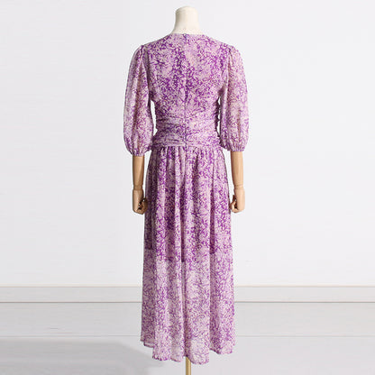 Robe d'été à manches bouffantes amincissante et à taille contrôlée imprimée violette