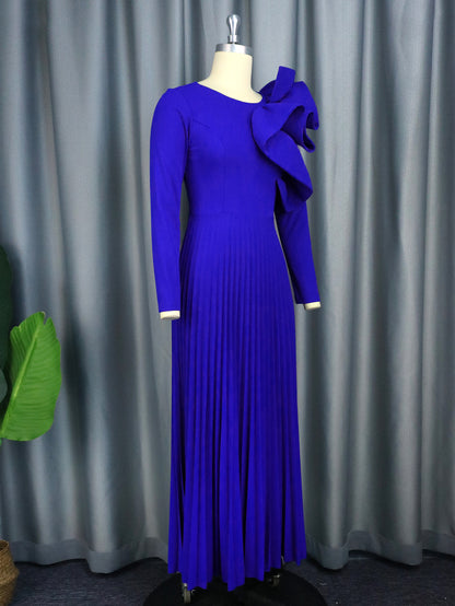 Round Neck Long Sleeve Three Dimensional Decoration Pleated Dress Modeling Party Cocktail Party Solid Color Dress