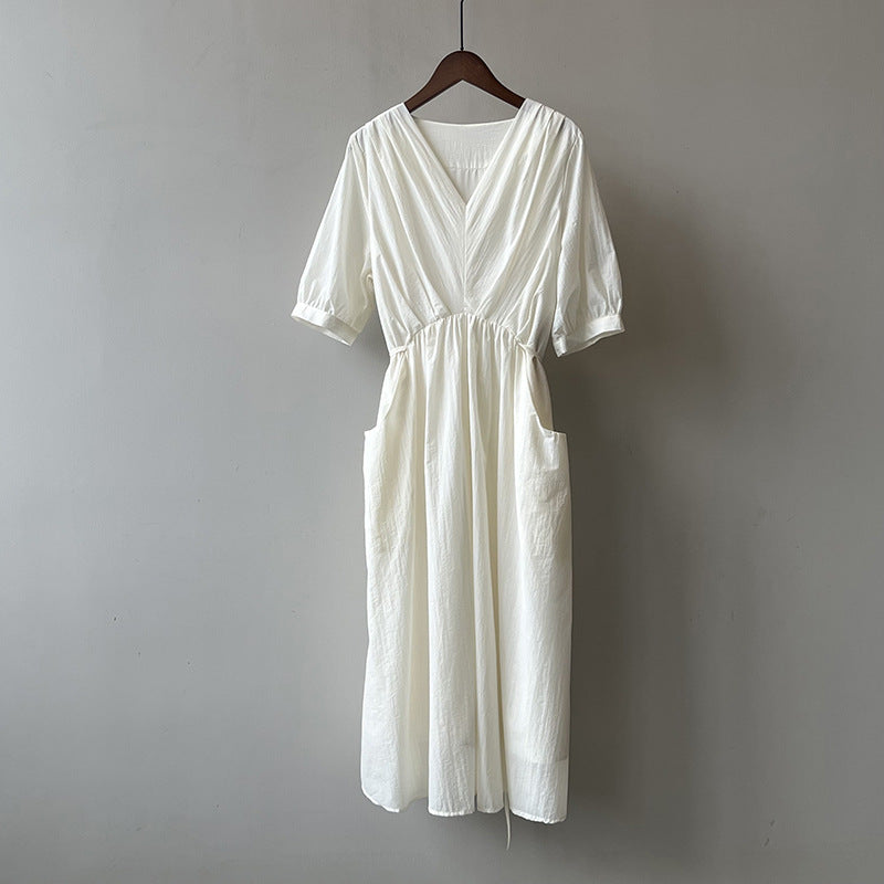 Robe plissée rétro à col en V, robe d'été élégante à lacets, taille mi-longue