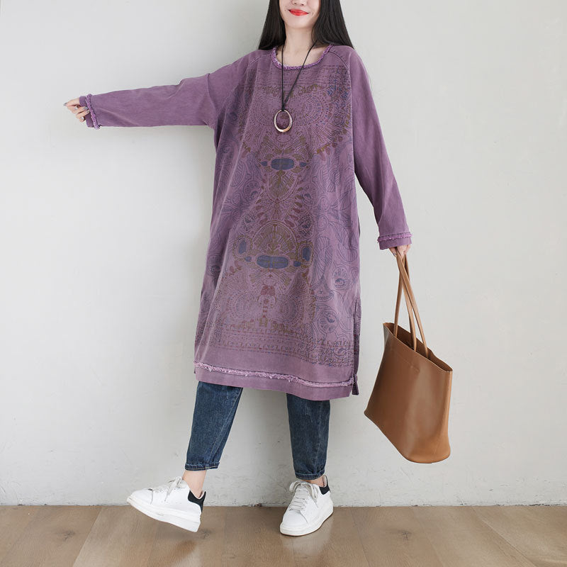 Personality Sweater Ethnic Art round Neck Mid Length Purple Gradient Dress