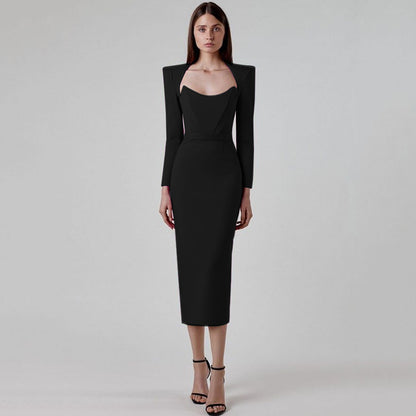 Spring Autumn Elegant Bandage Dress Square Collar Horn Padded Shoulder Long Sleeve Stretch Slim Fit Elegant Dress