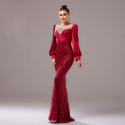 Long Sleeve round Neck Cocktail Hip Wrapped Rhinestone Sequined Evening Dress Bridesmaid Dress Dress Women