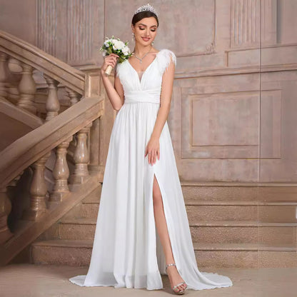 Robe de soirée élégante en mousseline de soie à col en V et dos nu pour femme, couleur unie, col en velours, coupe slim, été