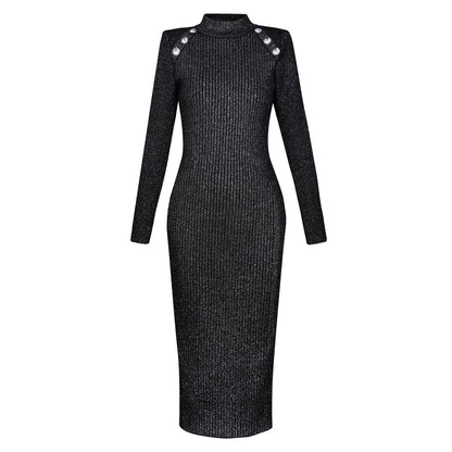 Spring Autumn Long Sleeve Round Neck Slim Mid Length Knitted Dress Bottoming Slimming Dress Women