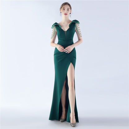 Robe de soirée haut de gamme en satin organza perlé pour cérémonie annuelle de réunion