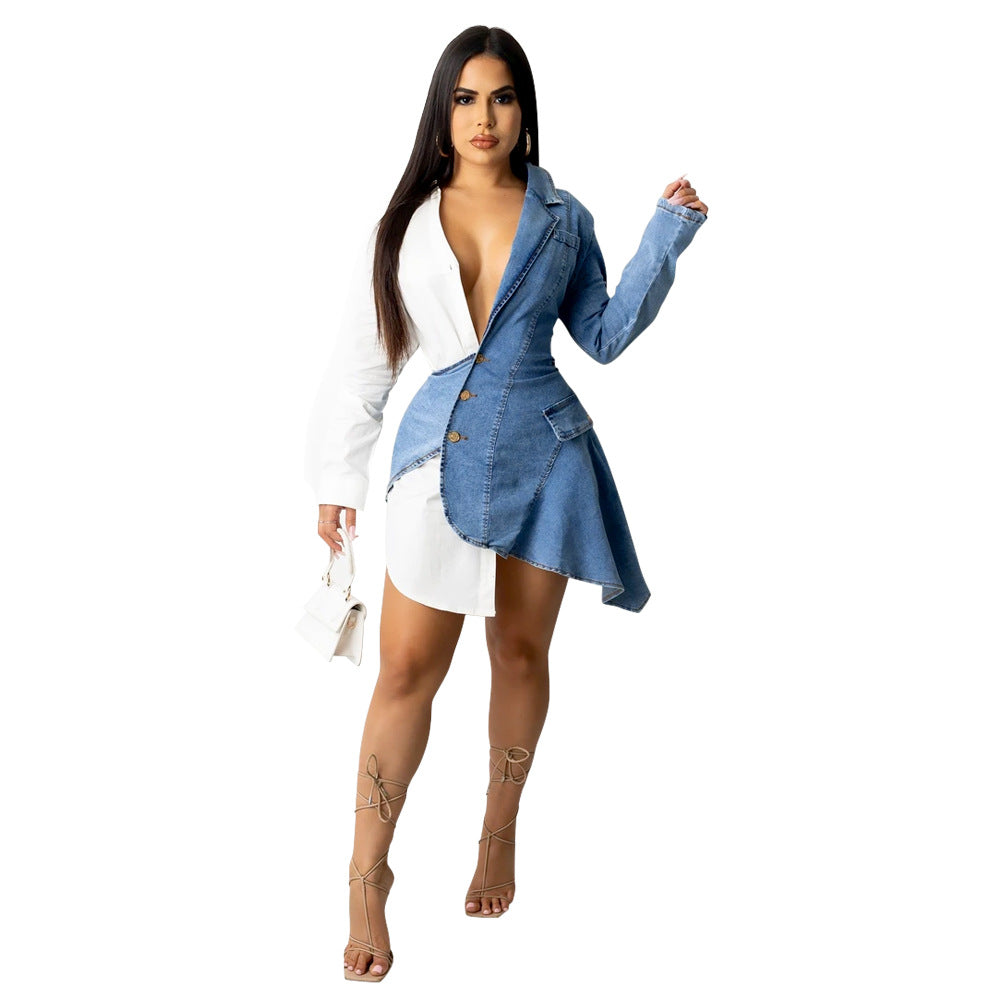 Mode Sexy col en V Denim couture irrégulière robe asymétrique grande taille