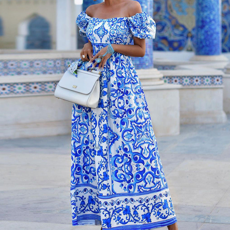 Primavera mujer ropa fuera del cuello vestido estampado bohemio