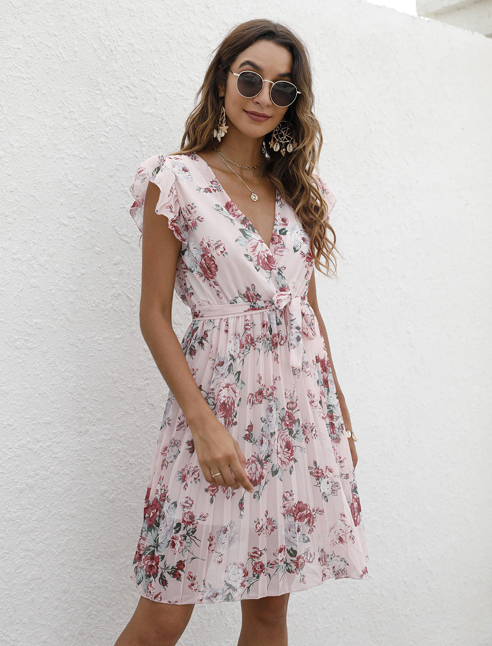 Vestido estampado con cordones y cintura controlada con cuello en V para mujer de verano