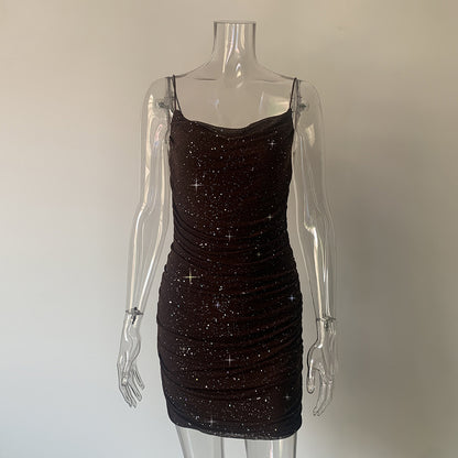 Sexy Spring Summer Sexy Glitter Sheath Mini Deep V Plunge Strap Dress