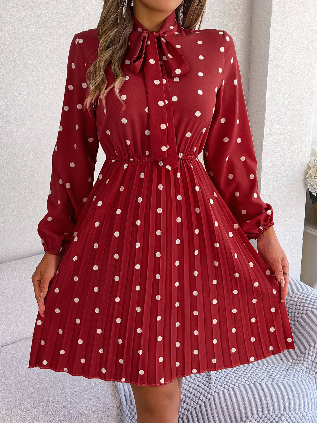 Real Shot Spring Summer Polka Dot Self Tie Waist Controlled Long Sleeves Pleated Women Clothing