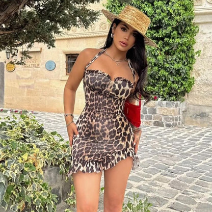 Summer Leopard Print Lace up Backless Sexy Slim Hip Short Dress