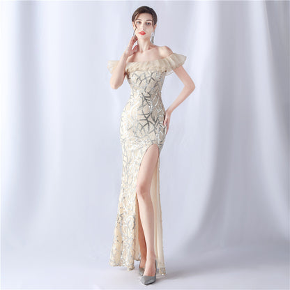 Fabric Sequin Combined With Embroidery Thread Heavy Craft Folding Organza Boutique Evening Dress