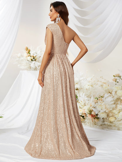 Robe de soirée à épaules obliques sans manches, robe de soirée élégante à paillettes, robe longue