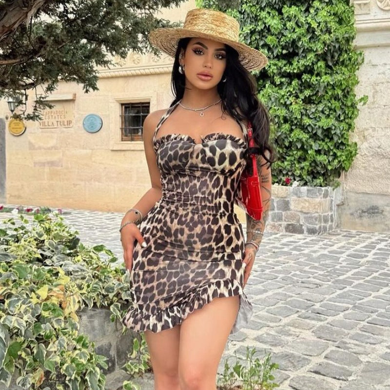 Vestido corto de cadera ajustado sexy sin espalda con cordones y estampado de leopardo de verano