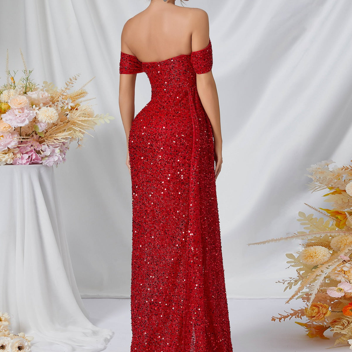 Sequined Fishtail Gown Evening Dress Bride Cocktail Split Toast Dress