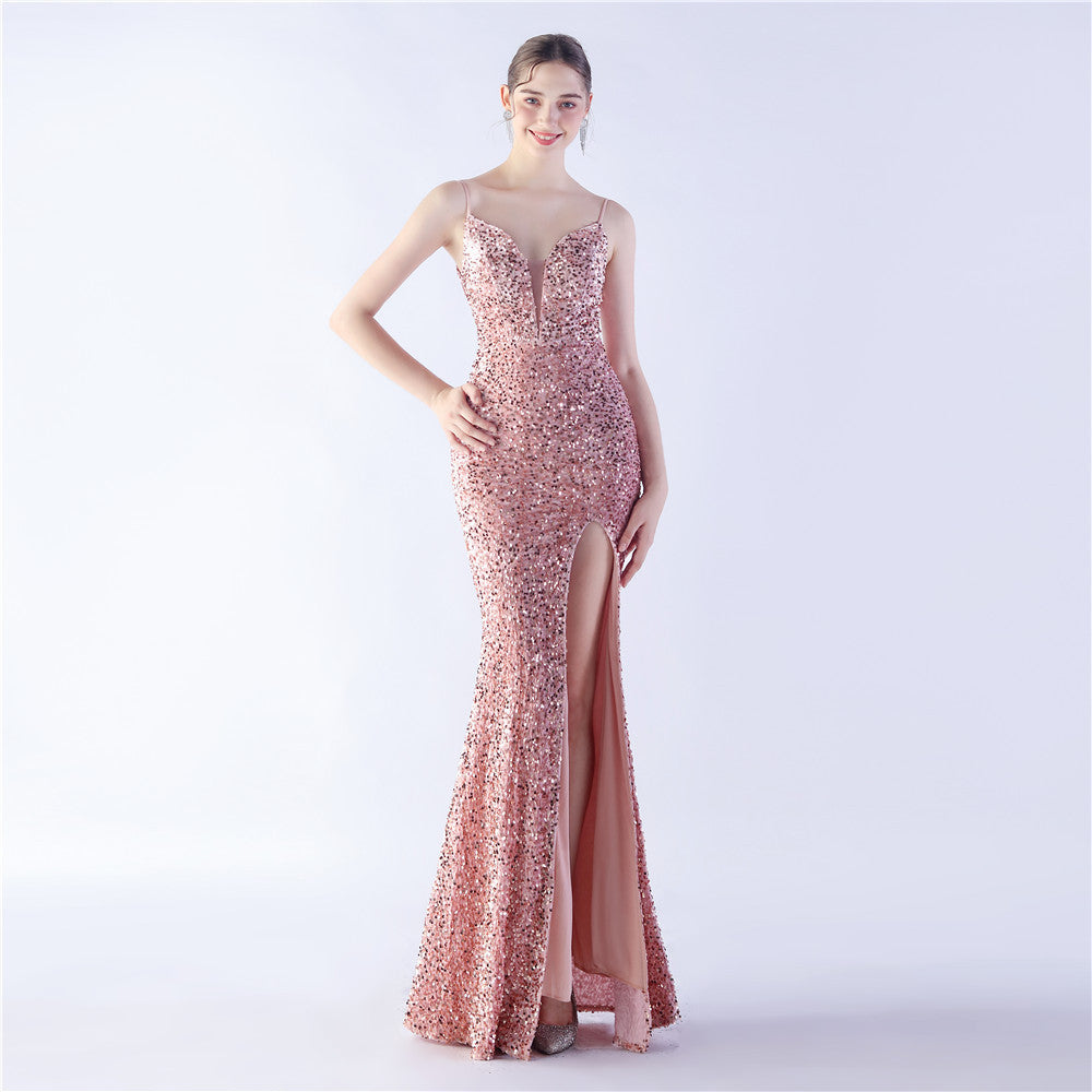 Colorful Sequin Side Slit Long Strap Evening Dress