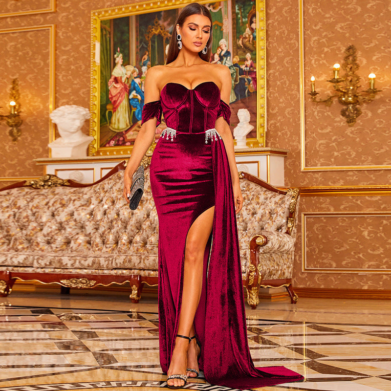 off-Neck Wrapped Chest Elegant Sexy Hip-Wrapped Elegant Lady Small Mop Split Evening Dress for Women