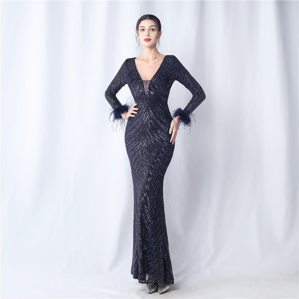 Ostrich Feather Positioning Floral Sequin Long Sleeve High End Evening Dress