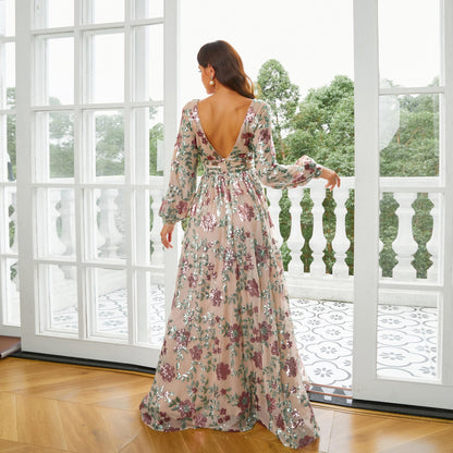 Vestido de noche de cóctel con lentejuelas largas y escote en V de manga larga, vestido de dama de honor para mujer