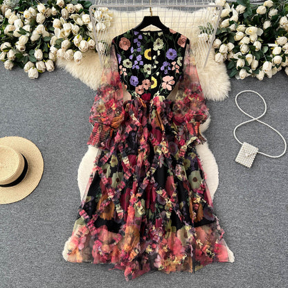 Vestido tutú de tul de malla con bordado Floral tridimensional de manga larga y cuello redondo de alta calidad para mujer cintura adelgazante de Organza