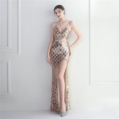 Robe de soirée longue sexy à paillettes colorées et fendue