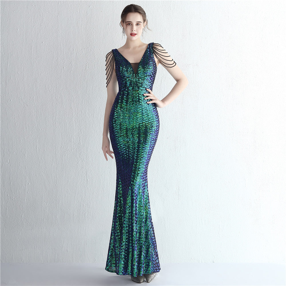 Beaded Magic Color Sequin Tube Top Ladies Cocktail Elegant Long Short Sleeve Sequined Aura Queen Fishtail