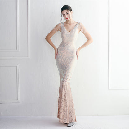 Mixed Color Sequin Craft Beaded Party Dress Long Cocktail Slim Fit Evening Dress Elegant Long