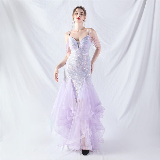 Craft Beads Hard Net Positioning Floral Sequin Stitching Mesh Dance Celebration Performance Dress