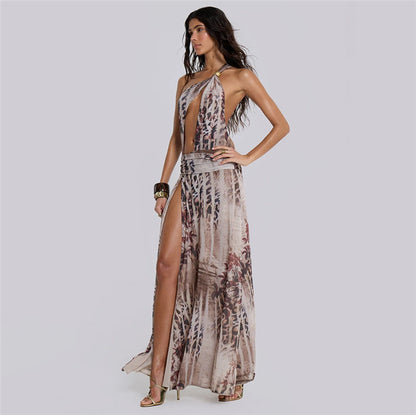 Summer Sexy Slim Irregular Asymmetric Sloping Shoulder Backless Split Printing Dress Women