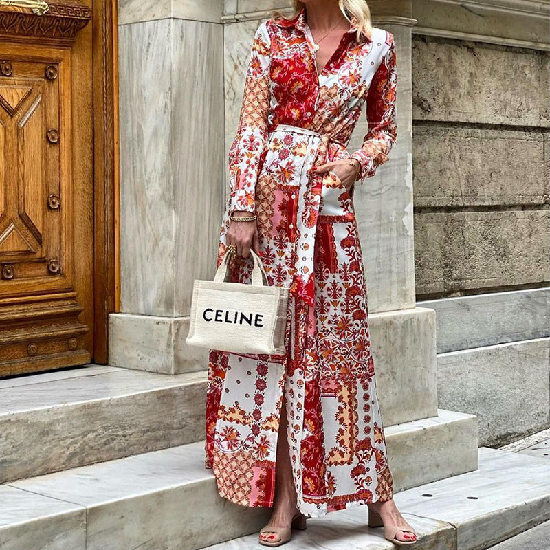 Vestido largo tipo cárdigan con cordones y estampado para mujer de otoño e invierno