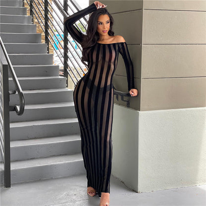 Autumn Winter Women Clothing Backless Sexy See through Striped Slim Dress for Women