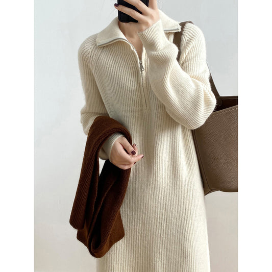 Robe tricotée à manches longues et fermeture éclair, Base d'hiver, robe pull mi-longue