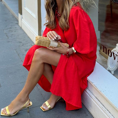 Robe mi-longue ample à manches bouffantes pour femmes, vêtements d'automne