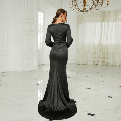 Elegant Sexy Long Sleeved Long Satin round Neck Annual Meeting Split Evening Dress Bridesmaid Dress for Women