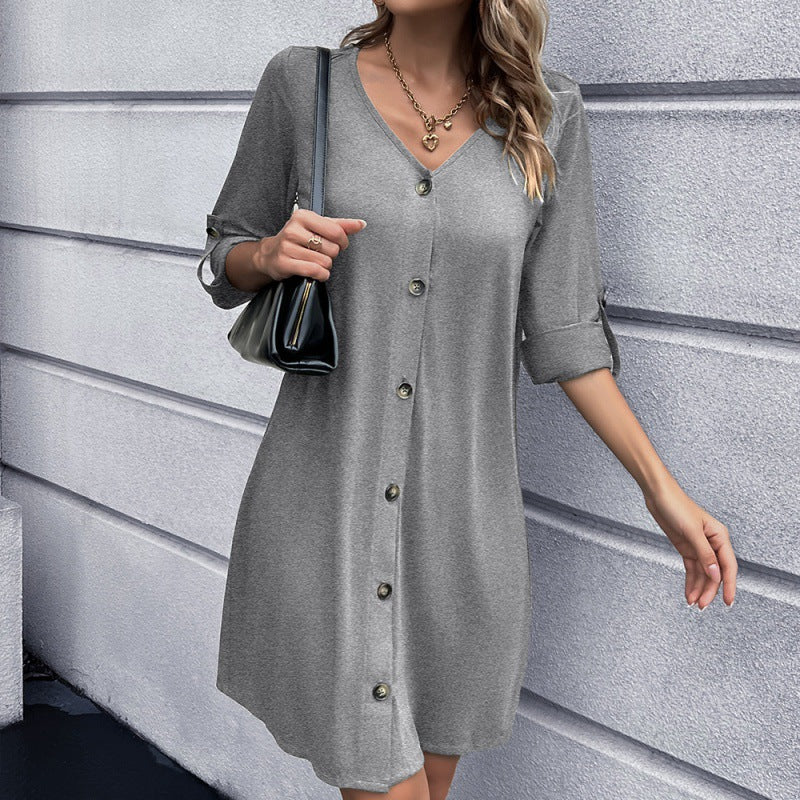 Autumn Winter Women Solid Color V neck Knitted Dress Mid Length Long Sleeve Dress Women