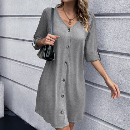 Otoño Invierno mujer Color sólido cuello pico vestido tejido longitud media vestido de manga larga Mujer