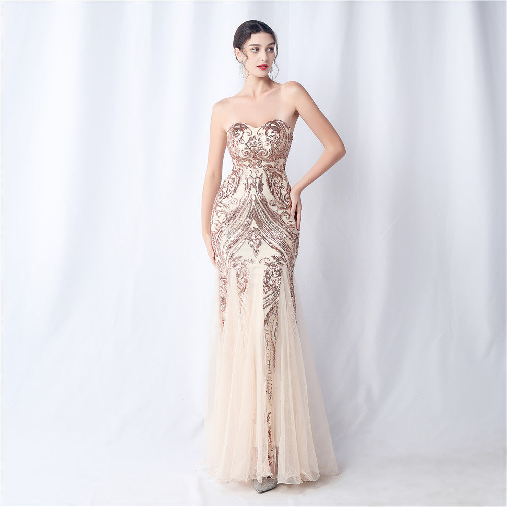 Floral Cutting Mesh Sequin Wedding Dinner Toast Annual Party Evening Dress