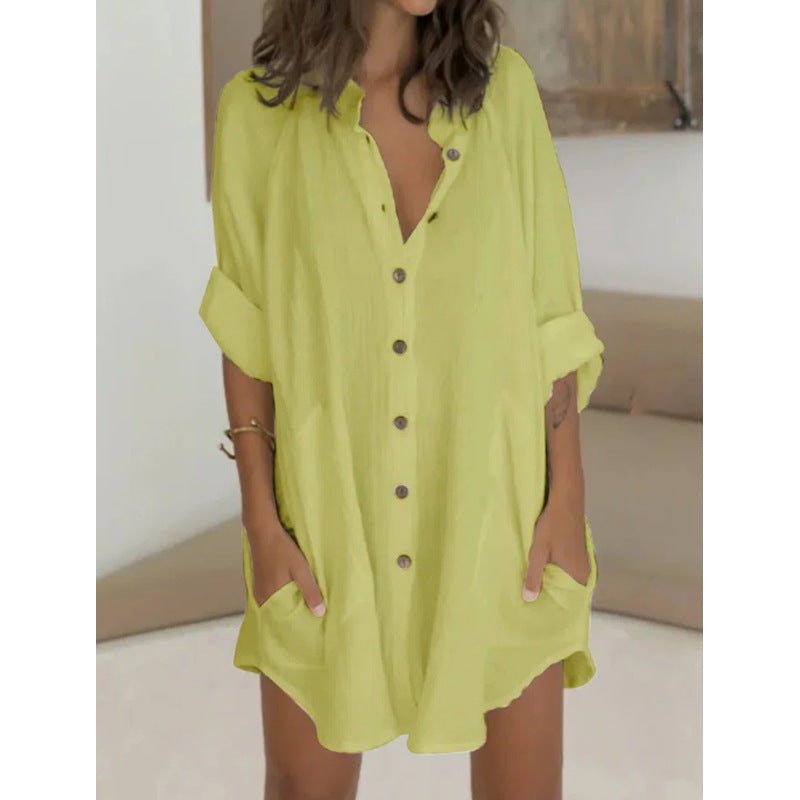 Autumn Winter Casual Loose Single Breasted Shirt Dress Women